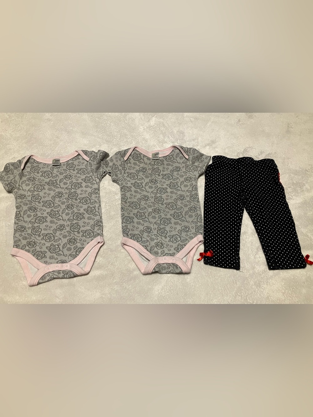 Baby Gear Gray Floral Onesies with Pink Trim and Polka Dot Ruffle Pants